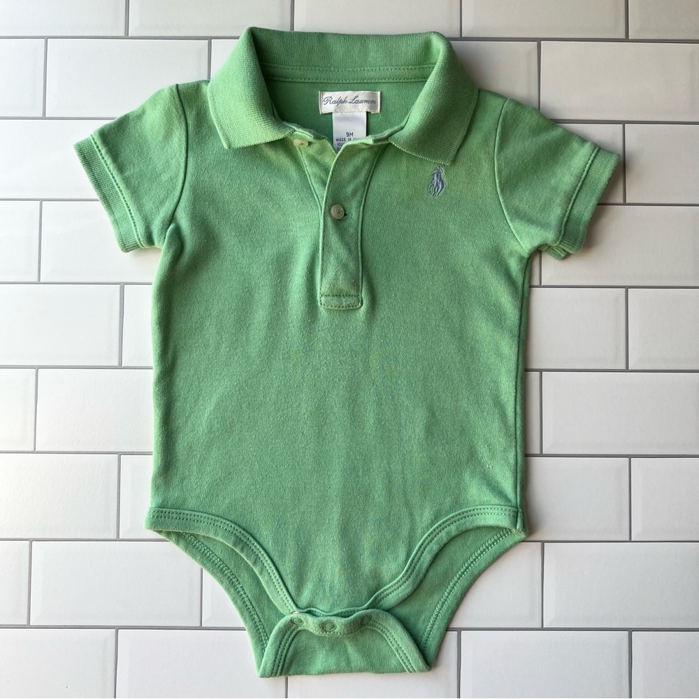 9M💚Ralph Lauren Baby Green Cotton Polo Short Sleeve Collared Bodysuit